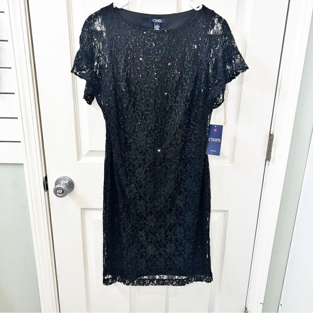 Chaps Semi Formal Black Lace and Sequin Midi dress size 4- New with tags - Picture 3 of 13
